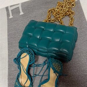 Teal Woven Leather Shoulder Bag with Gold Chain